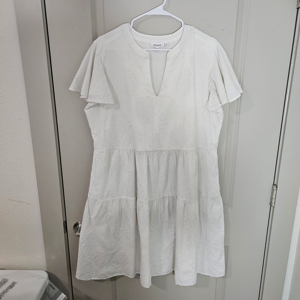 Chicos White Cotton Tiered Dress Silver‎ Metallic Embroidery Size 2.5 US 14
